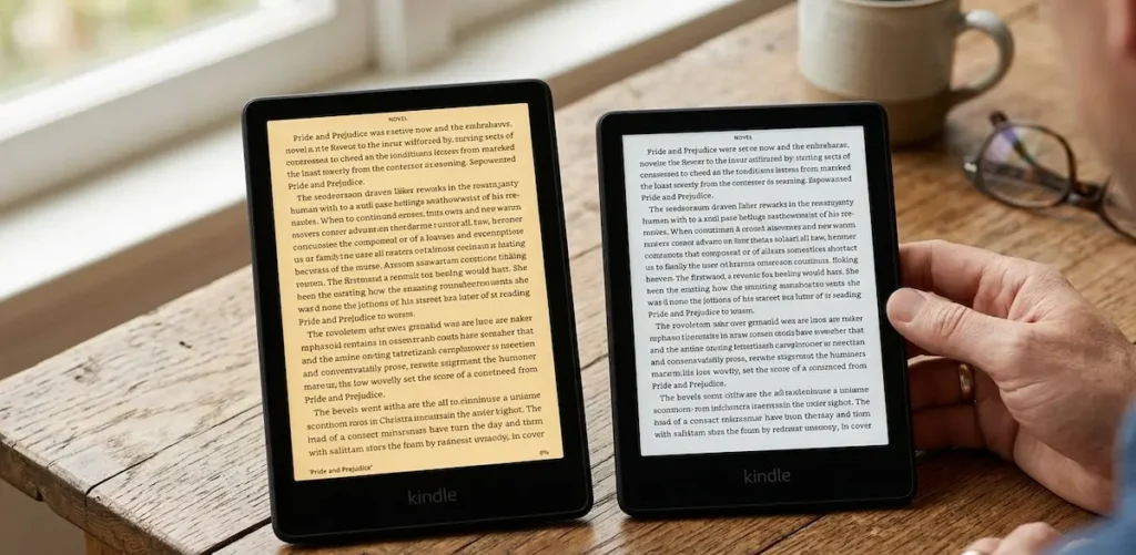 Comparativo entre Kindle Paperwhite com luz âmbar e Kindle 11 lado a lado em uma mesa.