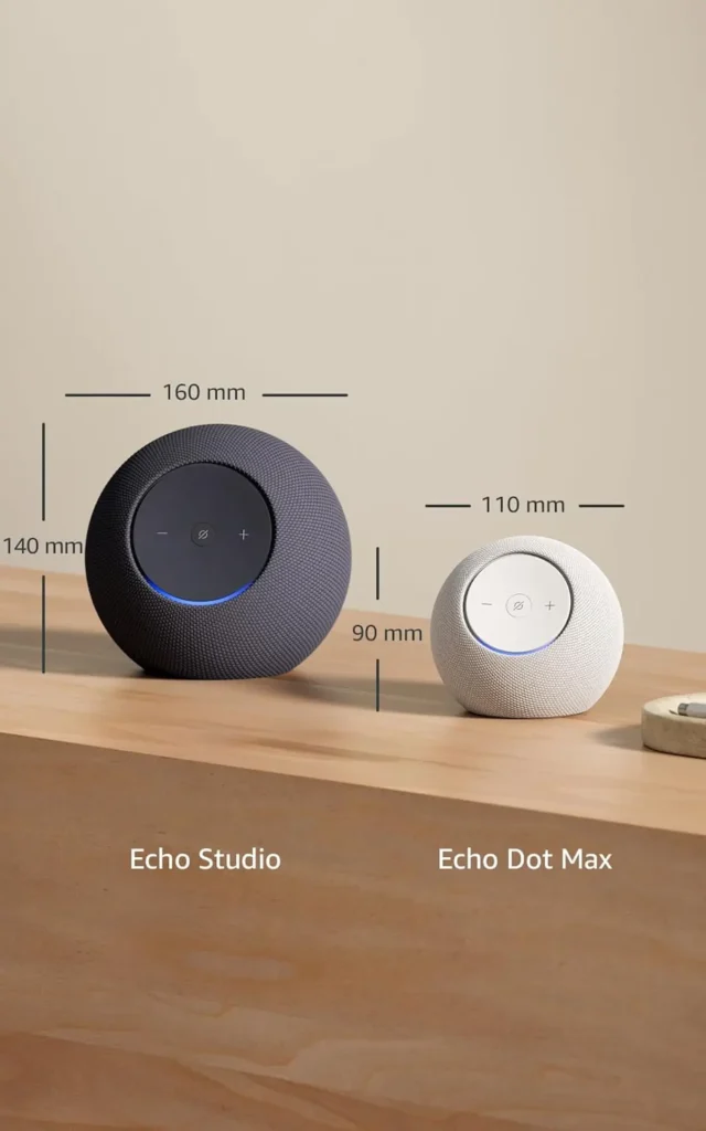 Comparativo técnico de tamanho entre Echo Dot Max e Echo Studio