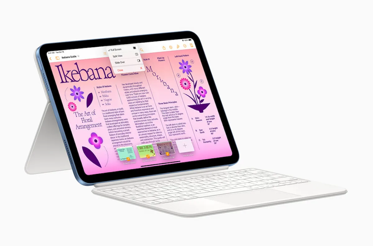 Visão frontal e traseira do iPad 10 azul mostrando o novo design sem botão home