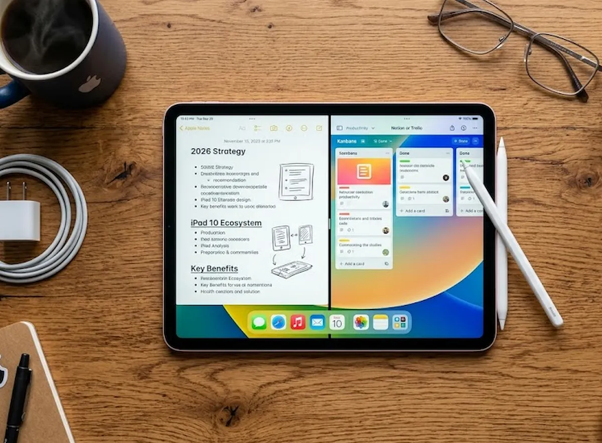 iPad 10 rosa em mesa de madeira com Apple Pencil simulando ambiente de estudos e produtividade