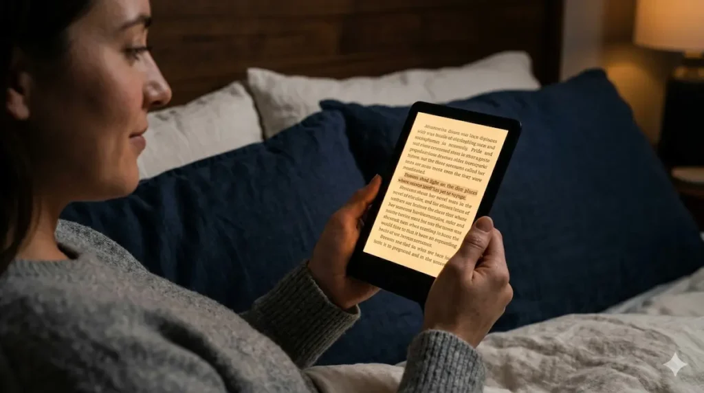 Pessoa lendo Kindle Paperwhite no escuro com luz âmbar ativada para conforto visual.